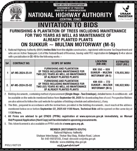 National Highway Authority Lahore Tender Notice